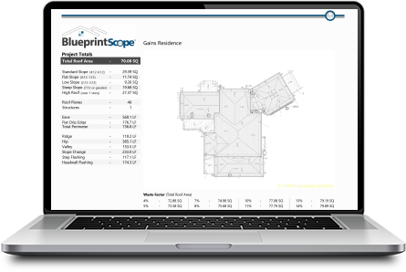 Laptop displaying a BlueprintScope measurement report, featuring detailed roofing and siding calculations from construction blueprints for accurate exterior estimates and material planning on blueprintscope.com